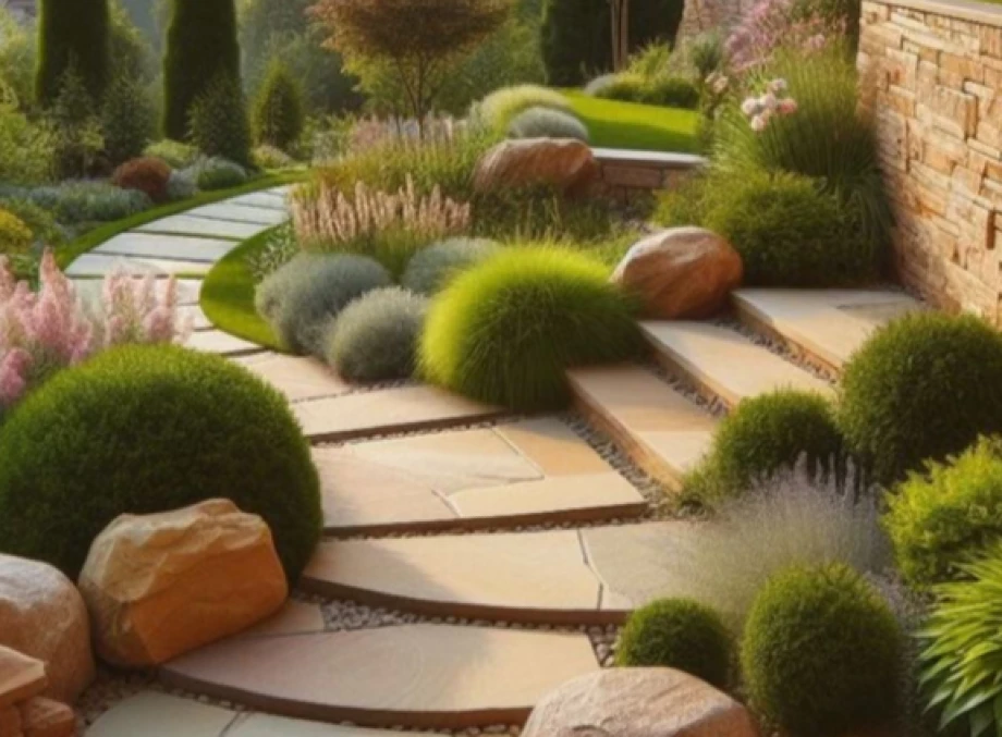 Ландшафтный дизайн: применение песчаника для садовых дорожек и стен