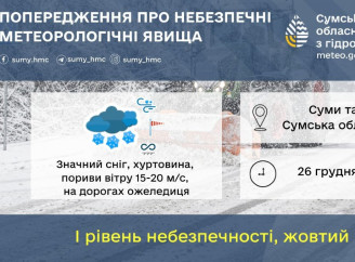 Штормове попередження: на Сумську область насуваються значні снігопади та шквалистий вітер