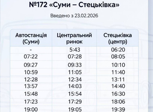 Із 23 лютого змінюється розклад автобусного маршруту №172 «Суми–Стецьківка» фото
