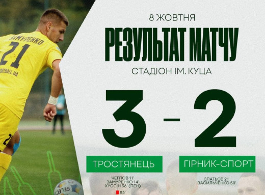 ФК «Тростянець» переміг «Гірник-Спорт» і зберіг лідерство у Першій лізі фото ФК «Тростянець» переміг «Гірник-Спорт» і зберіг лідерство у Першій лізі фото