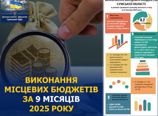 Місцеві бюджети Сумщини отримали 8,2 млрд грн доходів, перевищивши план на 3,3% фото
